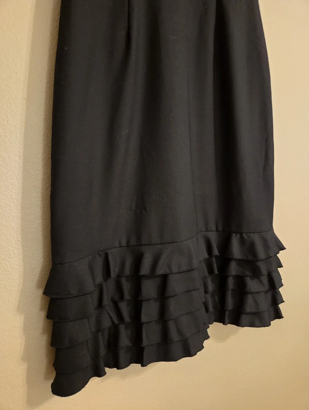 J.CREW Black 100% Wool Sleeveless Tiered Ruffle Cocktail LBD Sheath Midi Dress